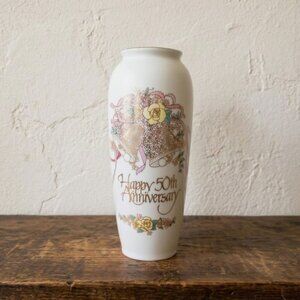 Happy 50th Anniversary Vase 8" White Gold Bells Floral Roses Vintage Gift Roman